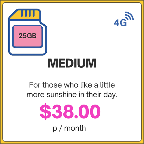Promotional graphic for a 25GB data plan with a price tag of $38.00 per month, featuring a 4G icon and a small icon of a pink square.